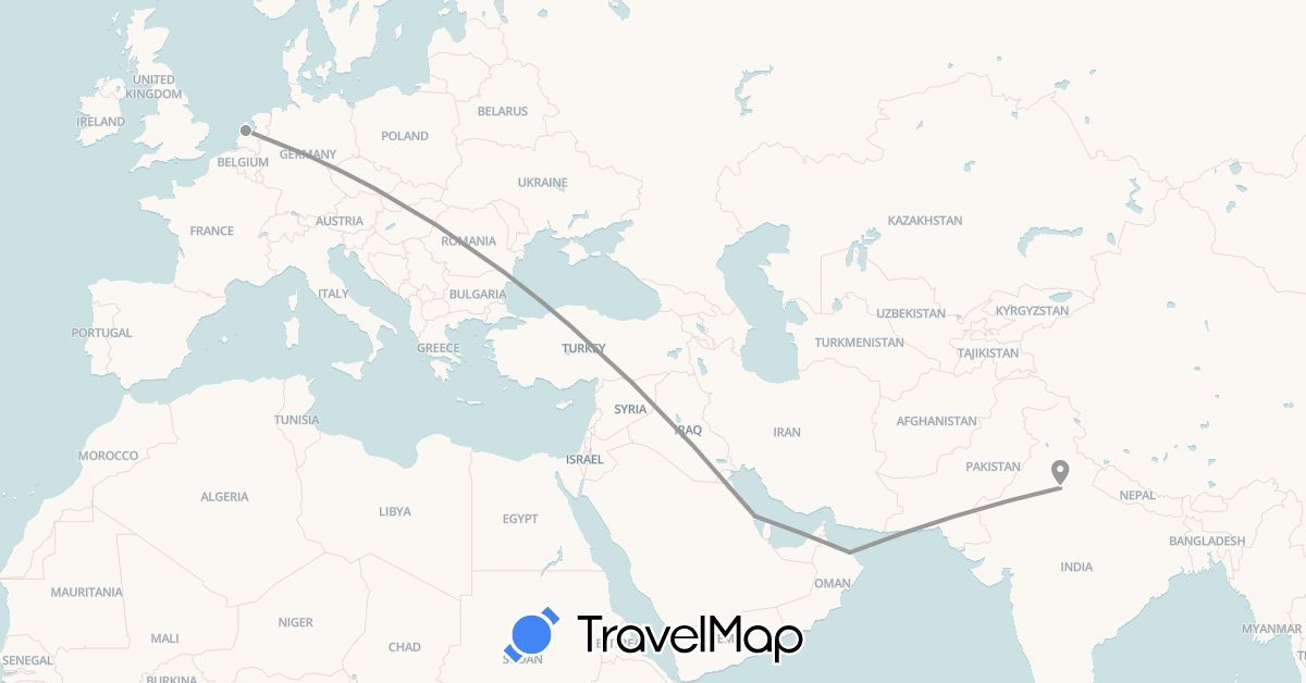 TravelMap itinerary: driving, plane in India, Netherlands, Oman, Saudi Arabia (Asia, Europe)